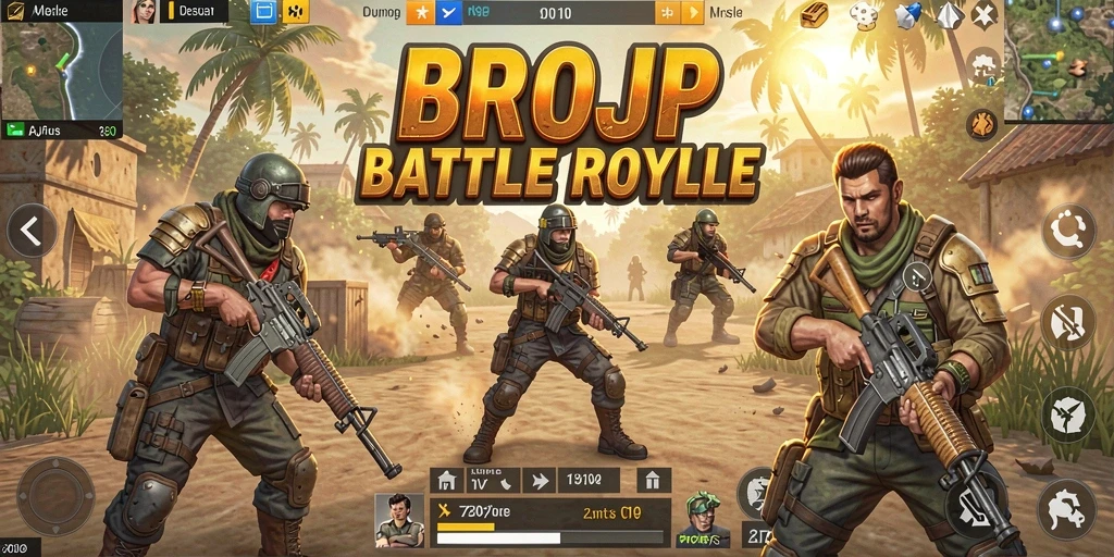Tangkapan layar utama BROJP menampilkan aksi pertempuran seru di arena Battle Royale.