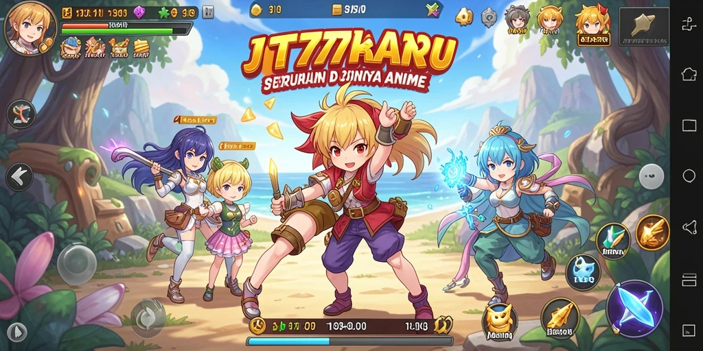 Tangkapan layar gameplay JT777 yang penuh aksi dan karakter anime.