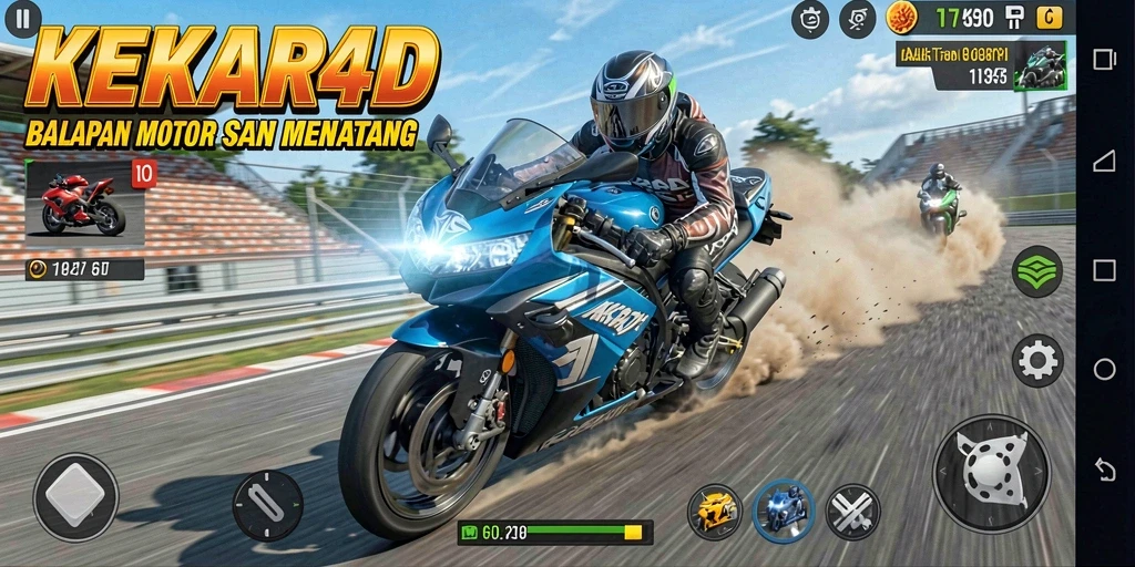 Tangkapan layar gameplay KEKAR4D dengan aksi balapan motor yang intens.