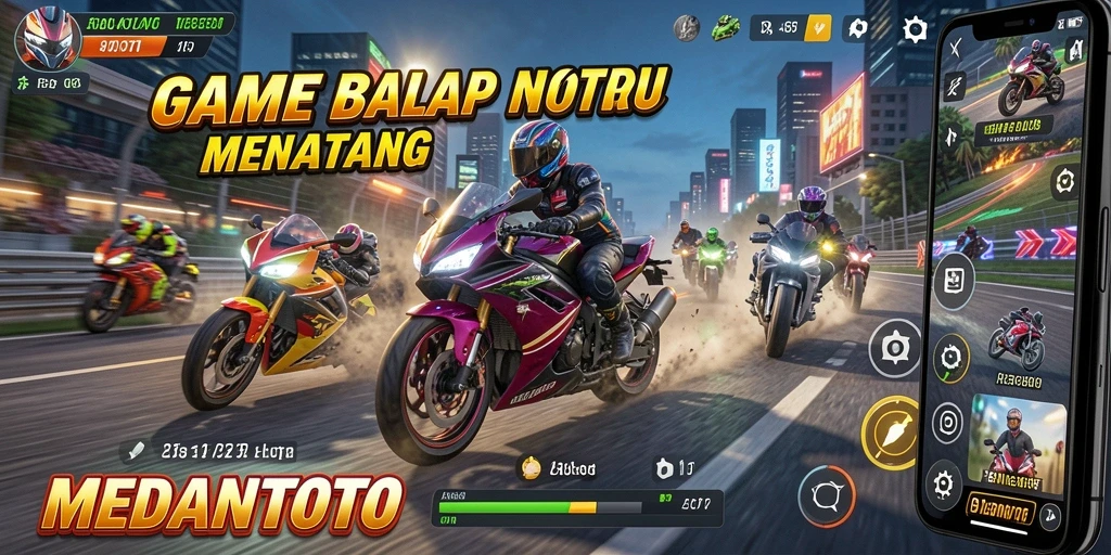 Tampilan gameplay menegangkan dari MEDANTOTO yang menunjukkan kecepatan dan adrenalin balap motor.